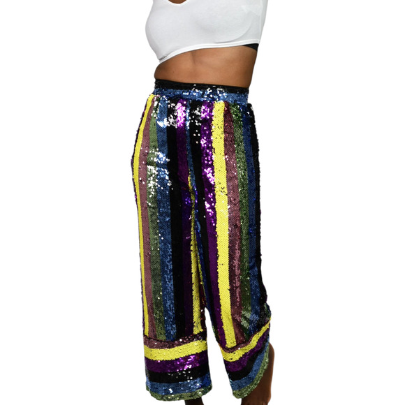 Fashion Nova Sequin Pant Rainbow Stripe Multicolor Cropped Wide Colorblock Small - Picture 12 of 16